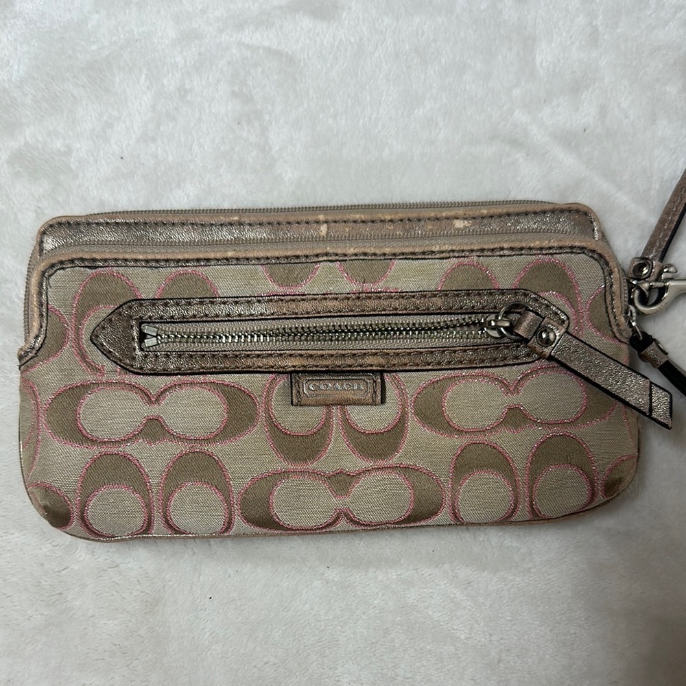 Coach Tan and Pink Signature Wristlet Clutch